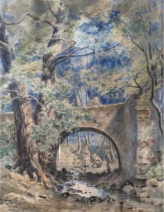 Brücke über die Wallufbach zwischen Niederwalluf und Oberwalluf Gemalt von Landschaftsmaler Christian Ernst Morgenstern. Das Bild ist in Privatbesitz.